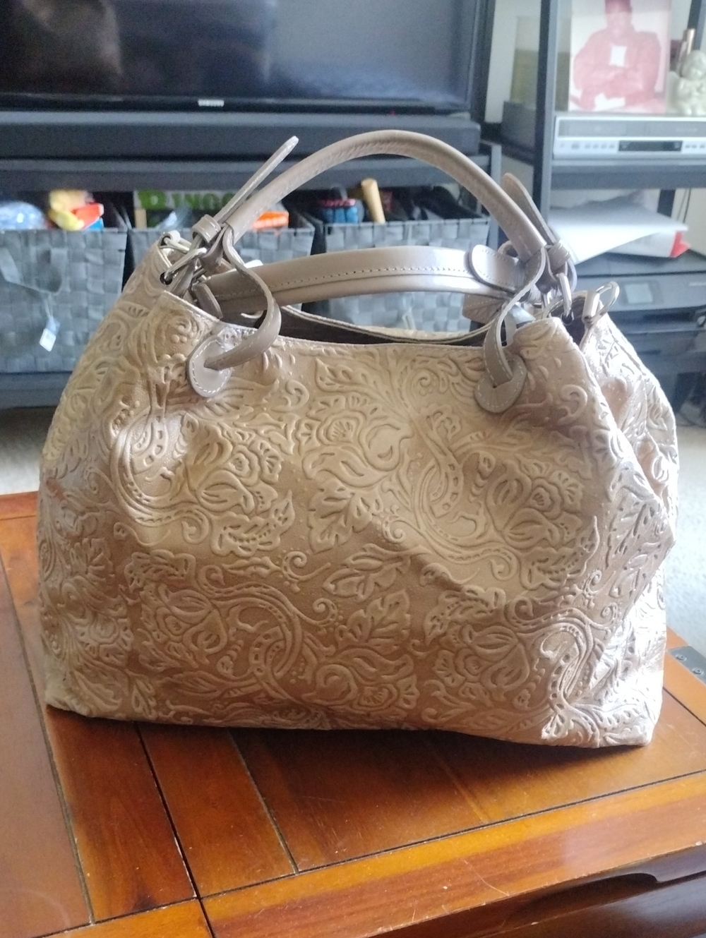 Isadora Italian Leather Embossed Floral Tote Handbag - Beige